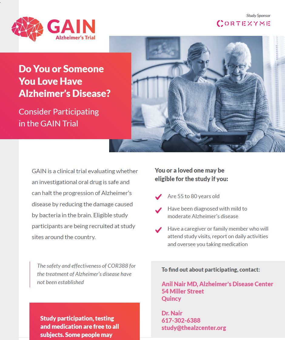 Alzheimer Study Flyer for GAIN | Alzheimer Disease Center